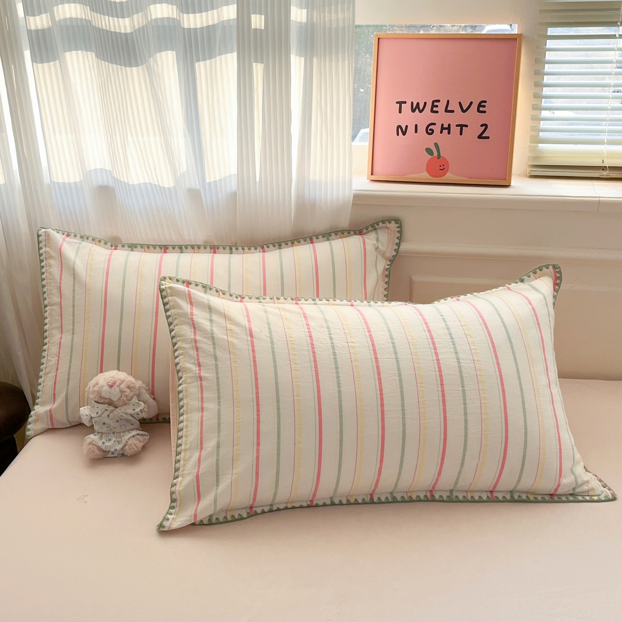 91家纺网 家纺一手货源 找家纺 如一 2026春夏新款色织全棉纯棉加密水洗棉条纹三角针四件套 春日粉