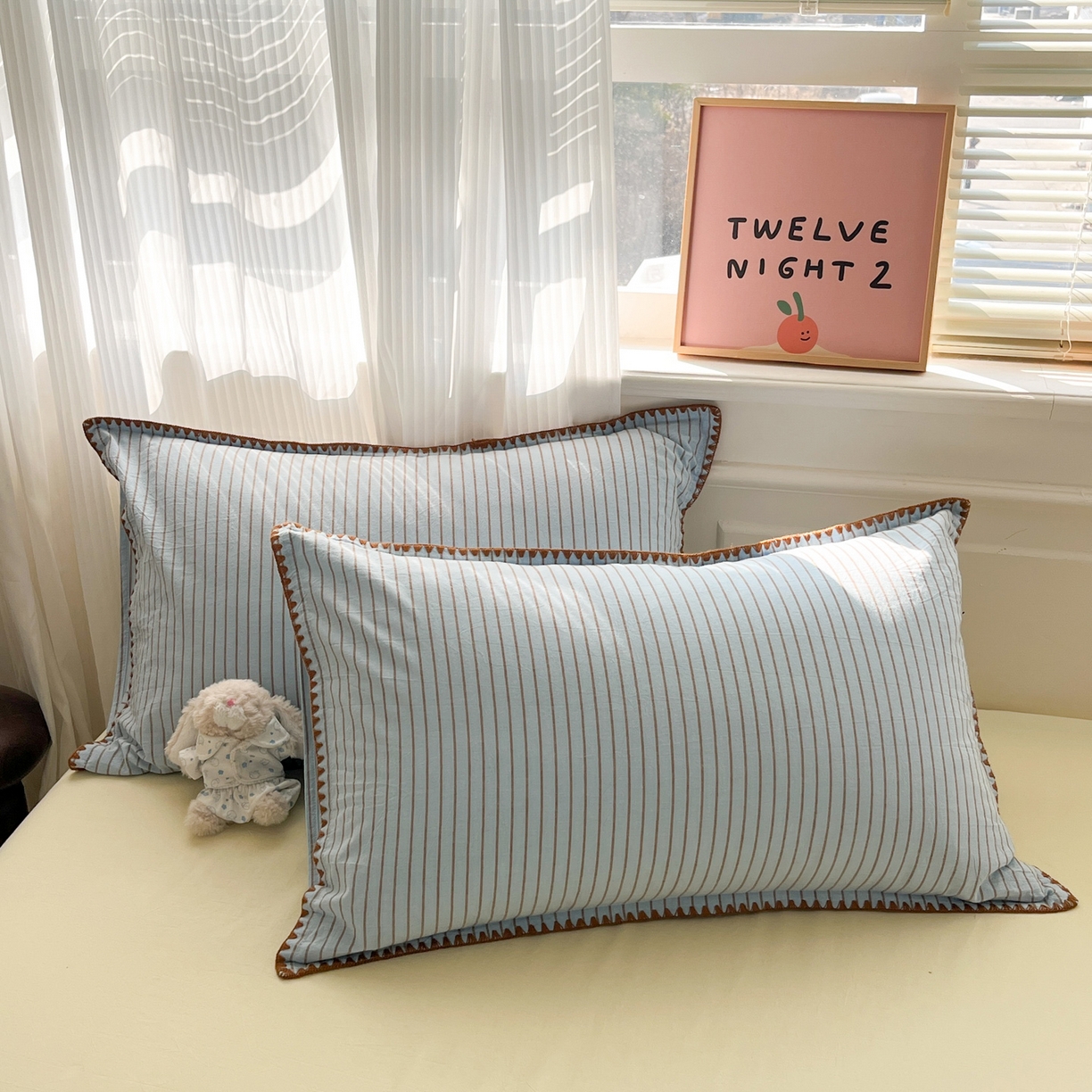 91家纺网 家纺一手货源 找家纺 如一 2026春夏新款色织全棉纯棉加密水洗棉条纹三角针四件套 晴空蓝