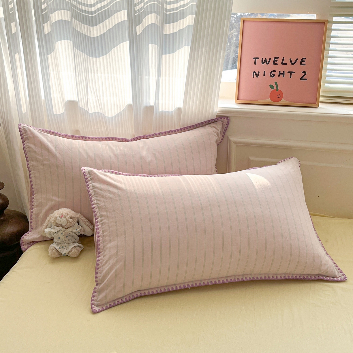 91家纺网 家纺一手货源 找家纺 如一 2026春夏新款色织全棉纯棉加密水洗棉条纹三角针四件套 极光紫