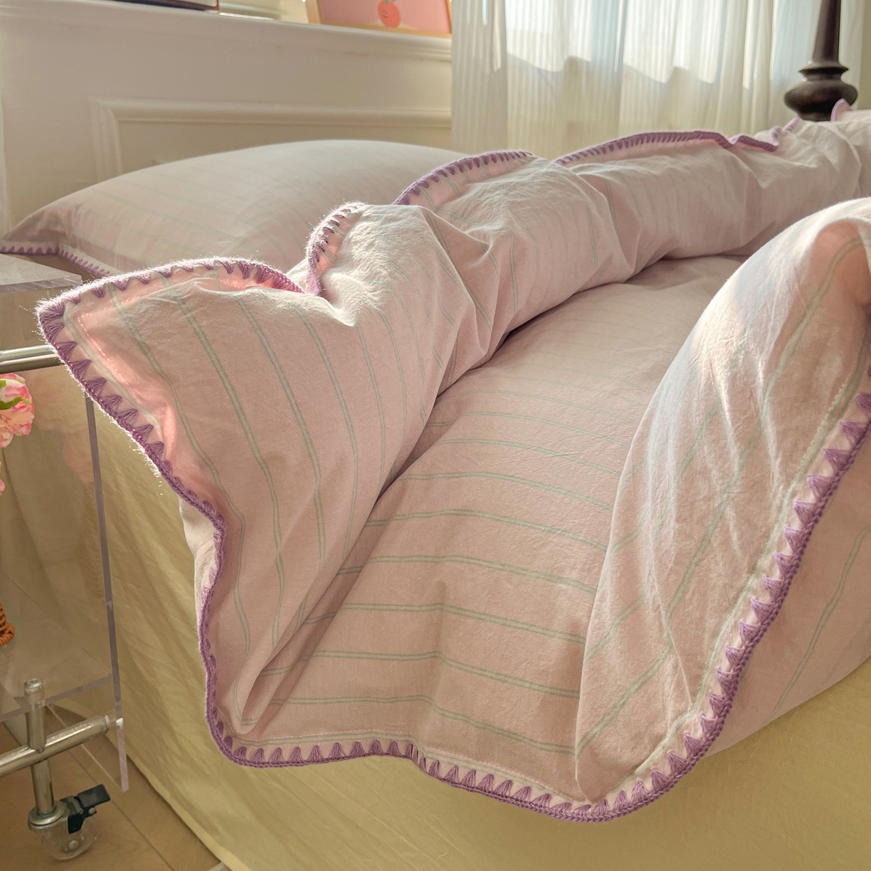 91家纺网 家纺一手货源 找家纺 如一 2026春夏新款色织全棉纯棉加密水洗棉条纹三角针四件套 极光紫