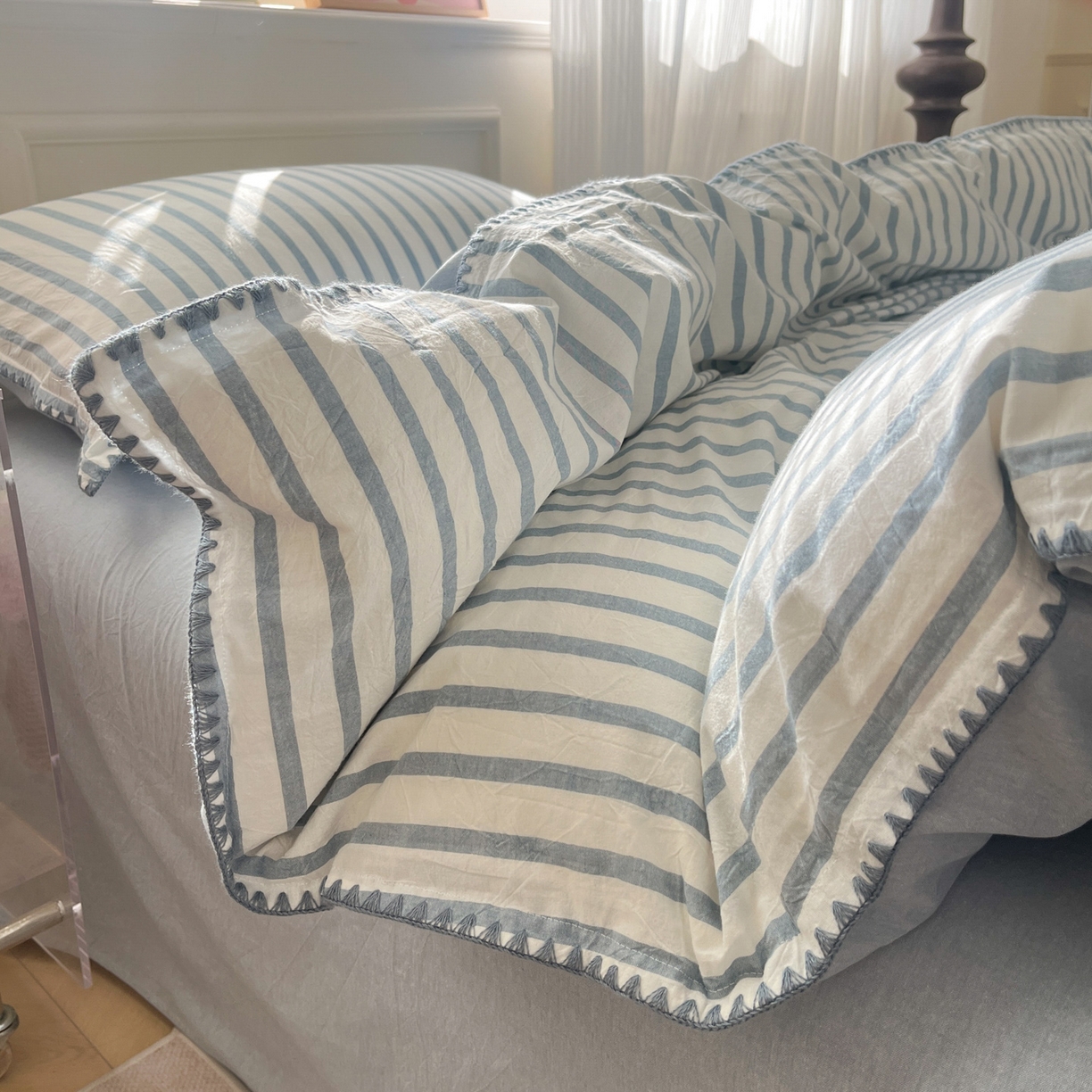 91家纺网 家纺一手货源 找家纺 如一 2026春夏新款色织全棉纯棉加密水洗棉条纹三角针四件套 野原蓝