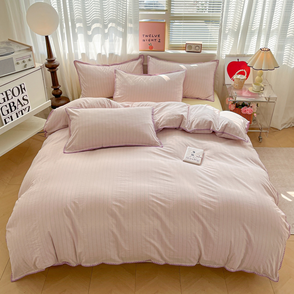 91家纺网 家纺一手货源 找家纺 如一 2026春夏新款色织全棉纯棉加密水洗棉条纹三角针四件套 极光紫