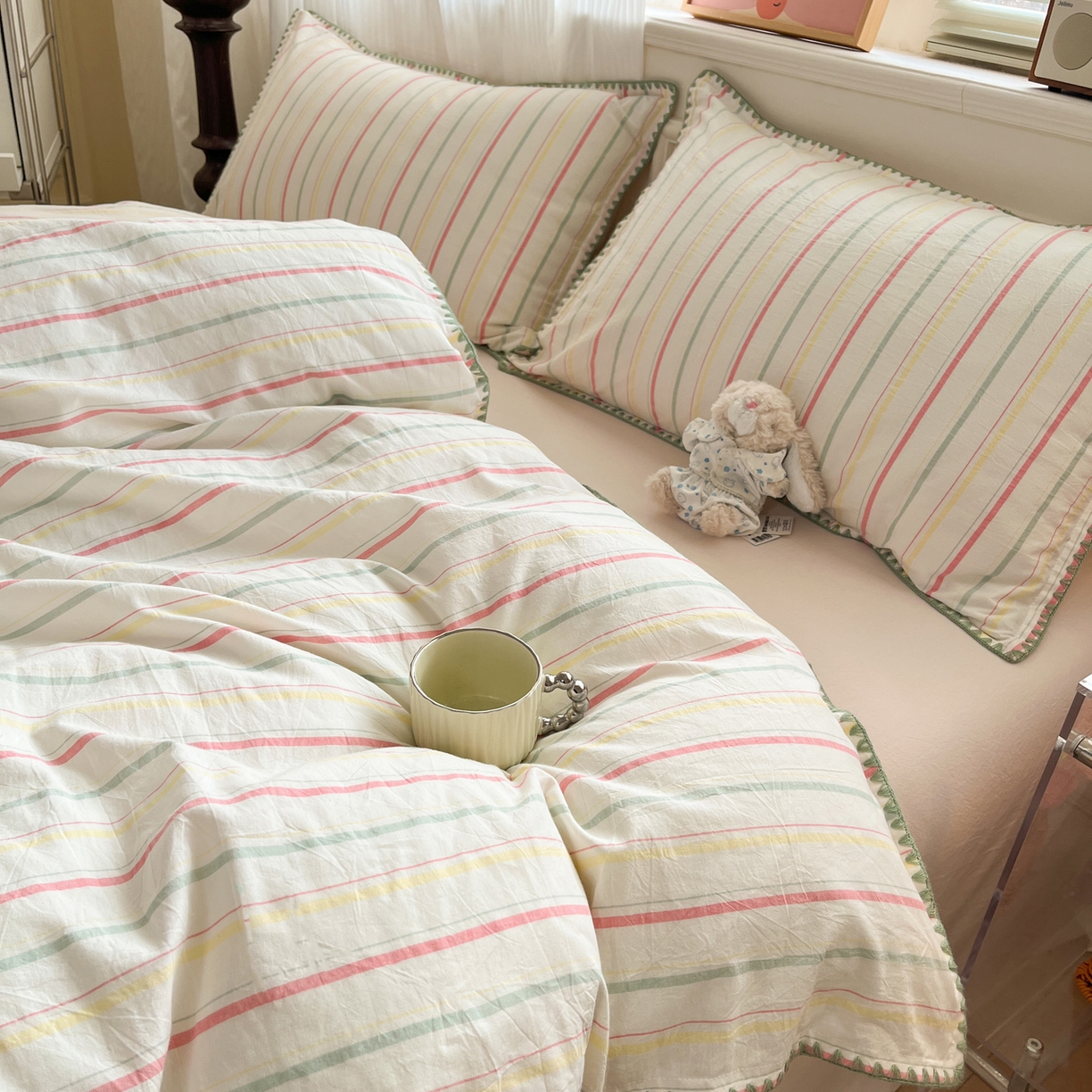 91家纺网 家纺一手货源 找家纺 如一 2026春夏新款色织全棉纯棉加密水洗棉条纹三角针四件套 春日粉