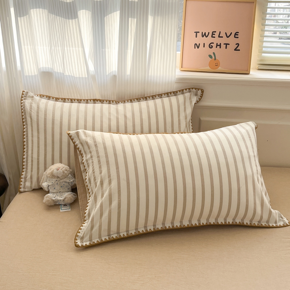 91家纺网 家纺一手货源 找家纺 如一 2026春夏新款色织全棉纯棉加密水洗棉条纹三角针四件套 野原咖