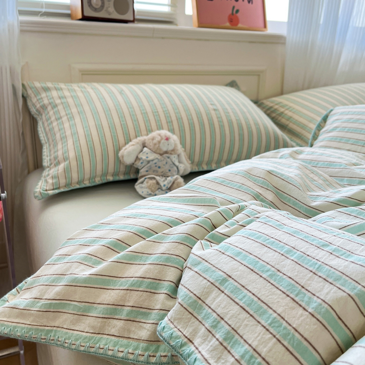 91家纺网 家纺一手货源 找家纺 如一 2026春夏新款色织全棉纯棉加密水洗棉条纹三角针四件套 晨光绿