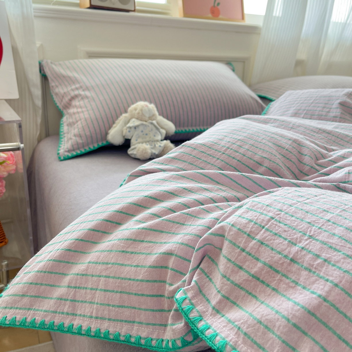 91家纺网 家纺一手货源 找家纺 如一 2026春夏新款色织全棉纯棉加密水洗棉条纹三角针四件套 晴空紫