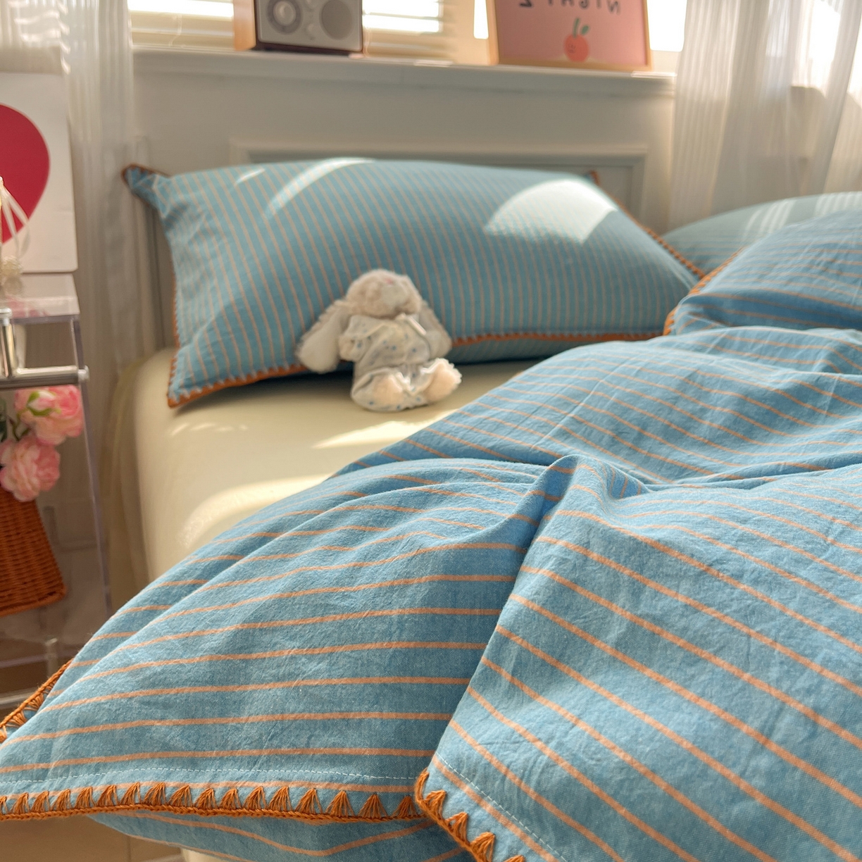 91家纺网 家纺一手货源 找家纺 如一 2026春夏新款色织全棉纯棉加密水洗棉条纹三角针四件套 晴空橙