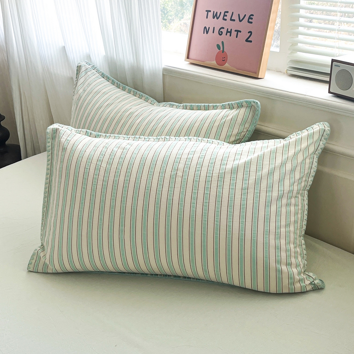 91家纺网 家纺一手货源 找家纺 如一 2026春夏新款色织全棉纯棉加密水洗棉条纹三角针四件套 晨光绿