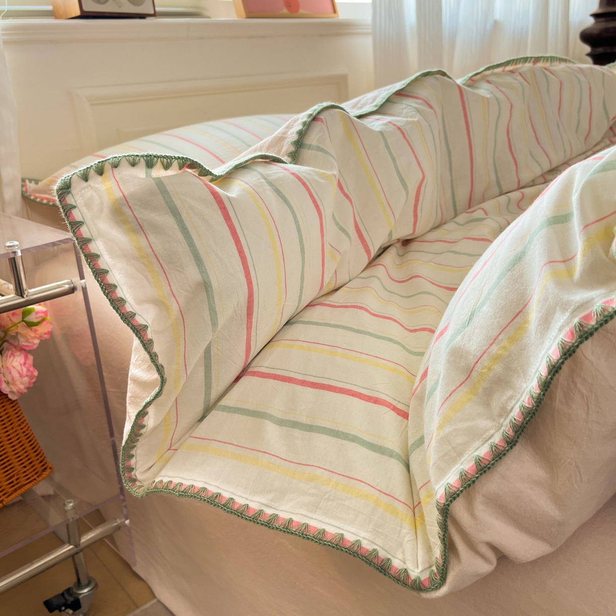 91家纺网 家纺一手货源 找家纺 如一 2026春夏新款色织全棉纯棉加密水洗棉条纹三角针四件套 春日粉