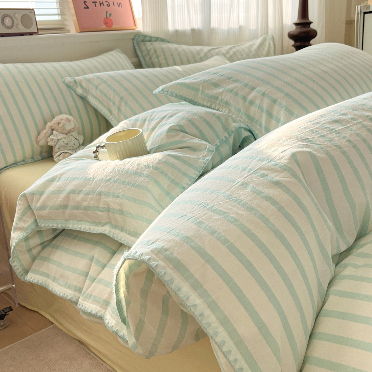 91家纺网 家纺一手货源 找家纺 如一 2026春夏新款色织全棉纯棉加密水洗棉条纹三角针四件套 野原绿