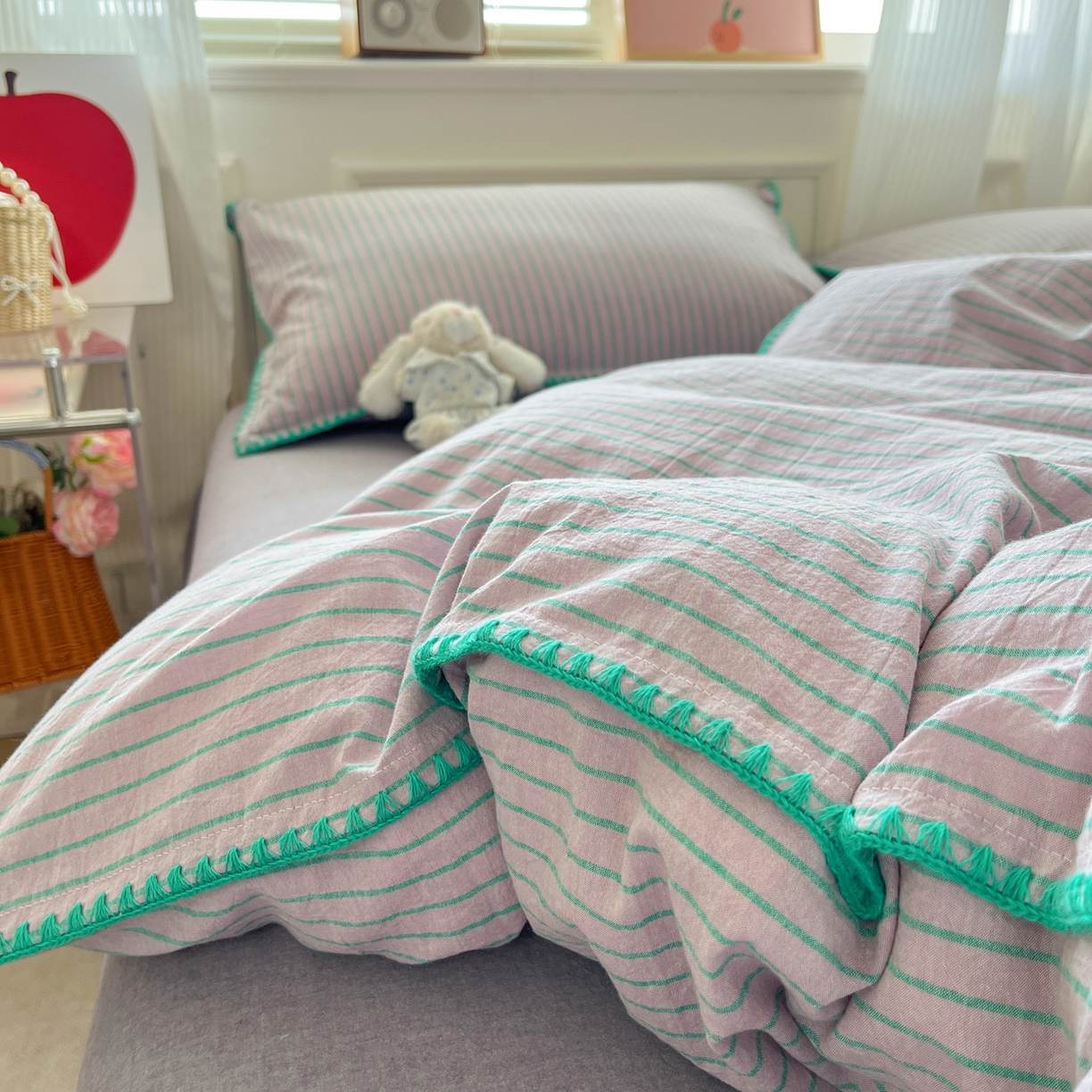 91家纺网 家纺一手货源 找家纺 如一 2026春夏新款色织全棉纯棉加密水洗棉条纹三角针四件套 晴空紫