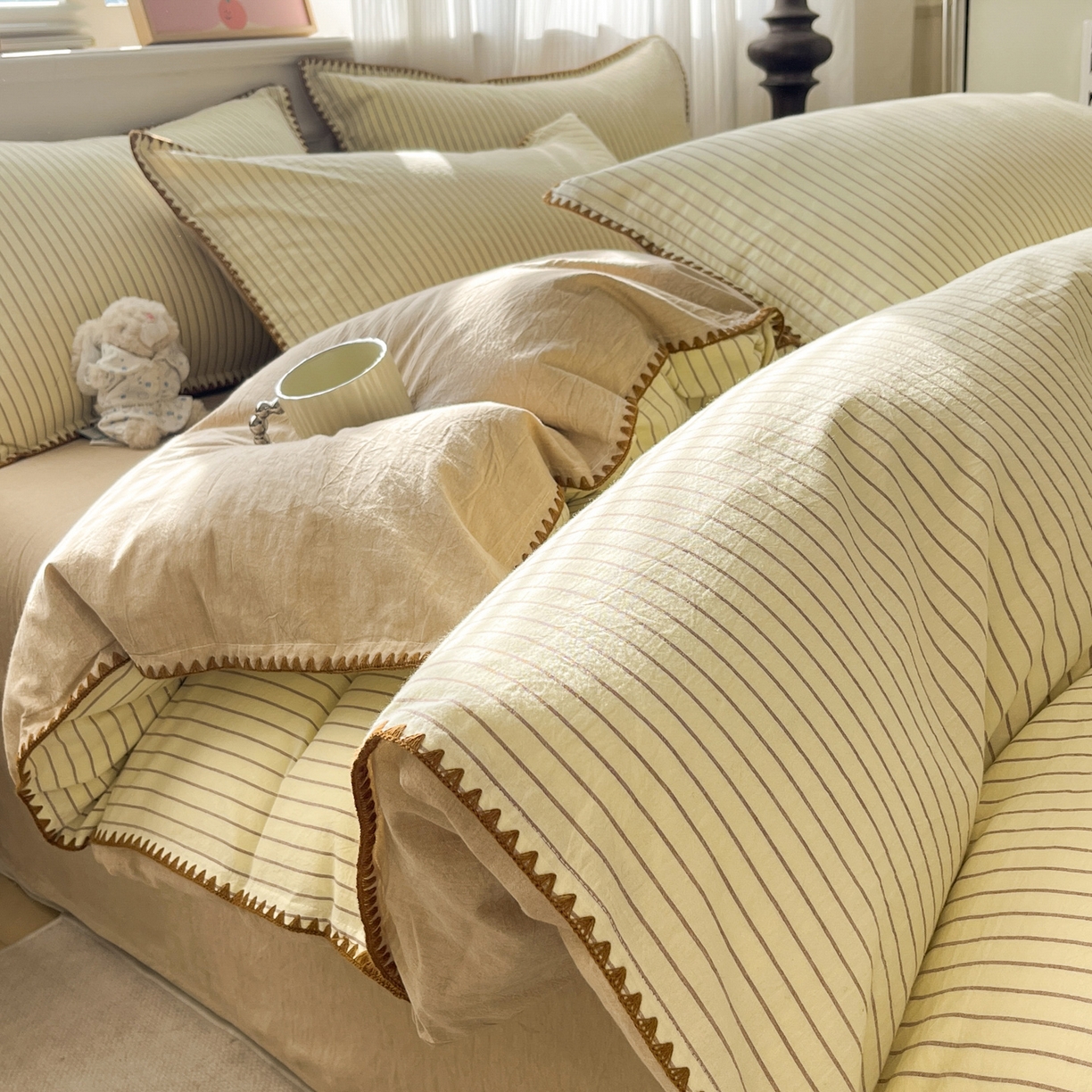 91家纺网 家纺一手货源 找家纺 如一 2026春夏新款色织全棉纯棉加密水洗棉条纹三角针四件套 晴空黄