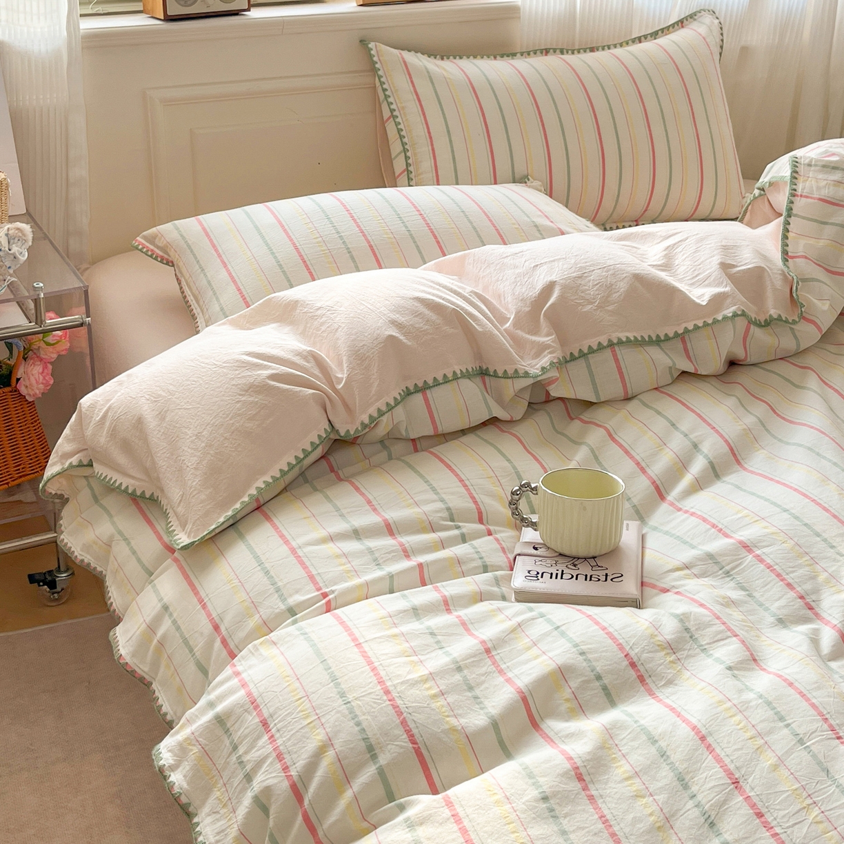 91家纺网 家纺一手货源 找家纺 如一 2026春夏新款色织全棉纯棉加密水洗棉条纹三角针四件套 春日粉