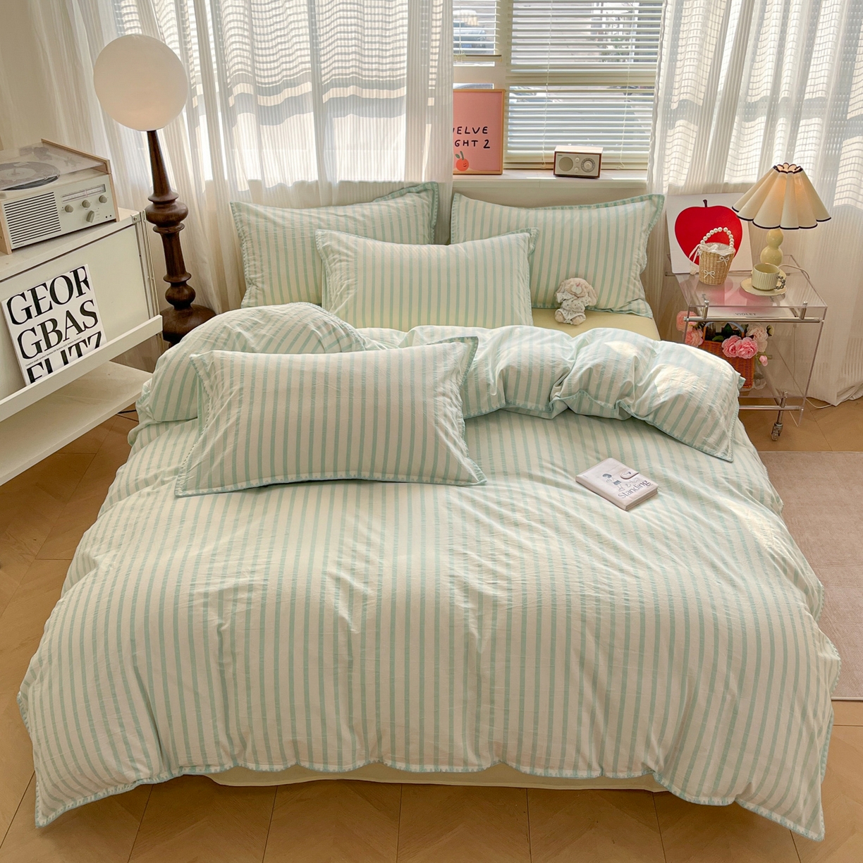 91家纺网 家纺一手货源 找家纺 如一 2026春夏新款色织全棉纯棉加密水洗棉条纹三角针四件套 野原绿