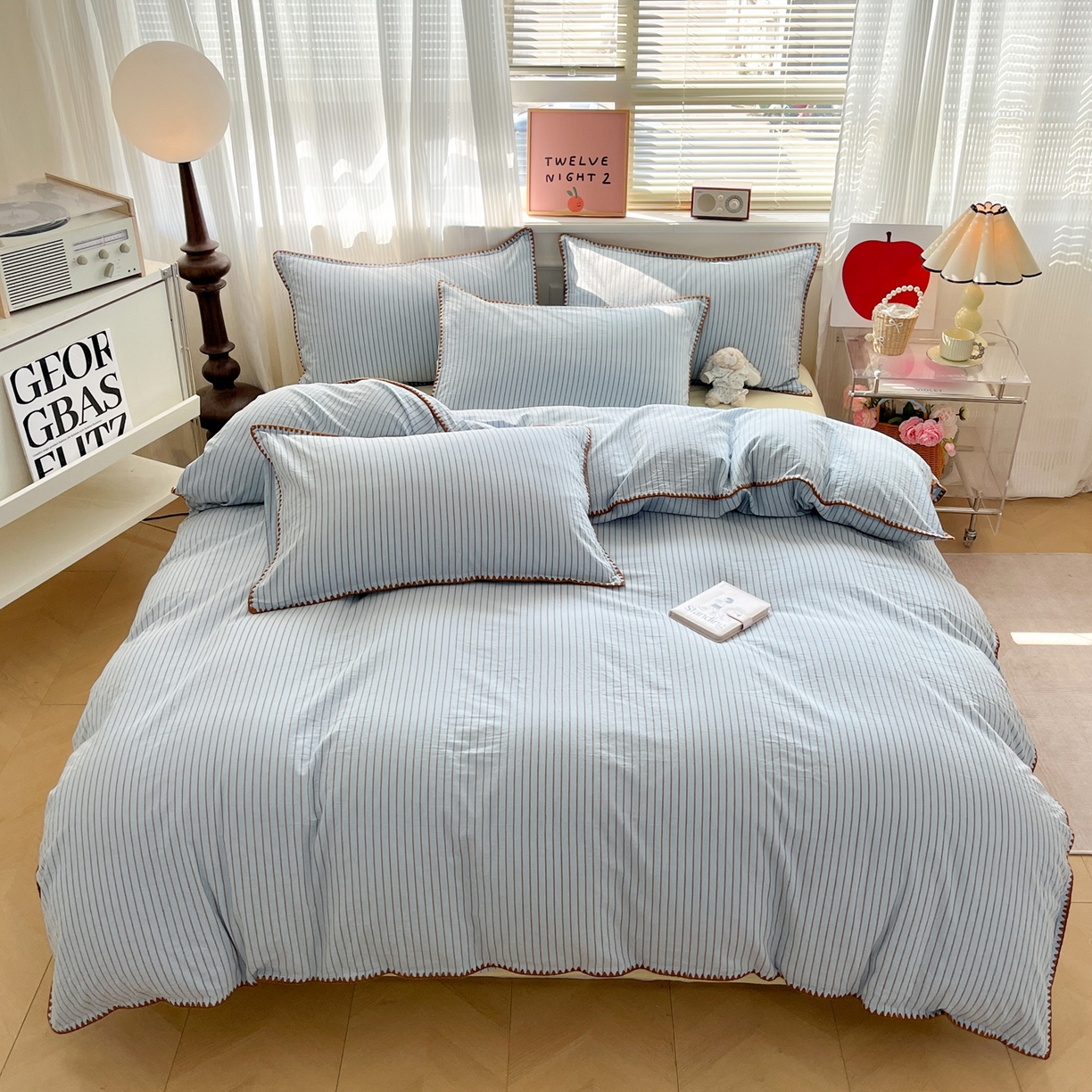 91家纺网 家纺一手货源 找家纺 如一 2026春夏新款色织全棉纯棉加密水洗棉条纹三角针四件套 晴空蓝