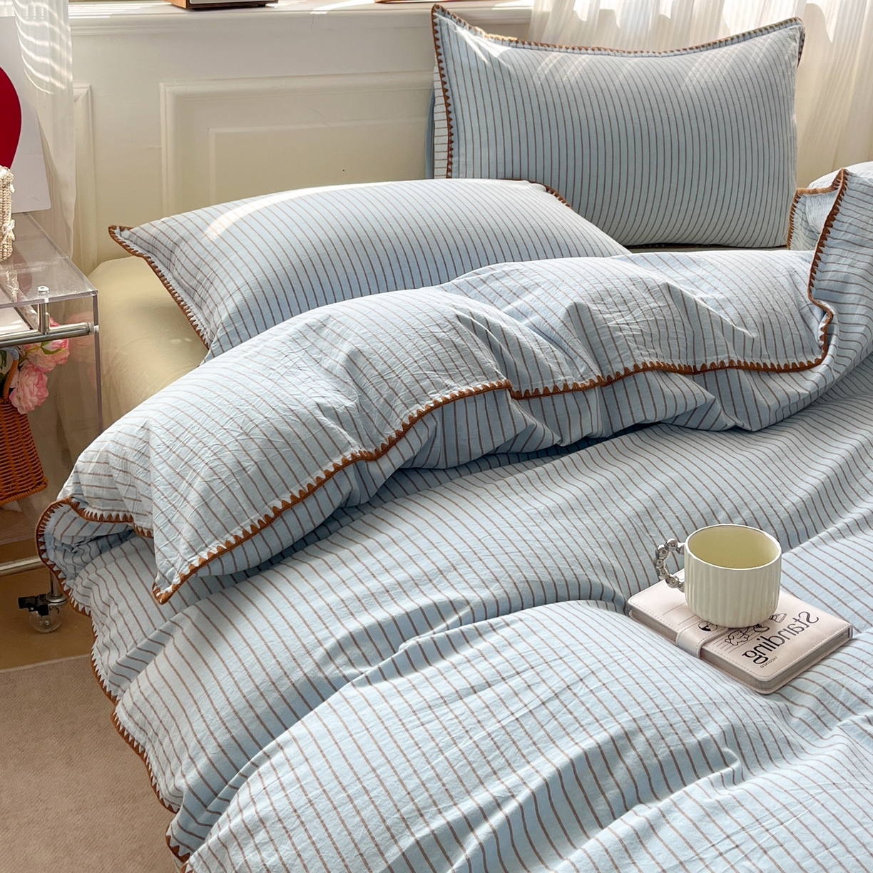 91家纺网 家纺一手货源 找家纺 如一 2026春夏新款色织全棉纯棉加密水洗棉条纹三角针四件套 晴空蓝