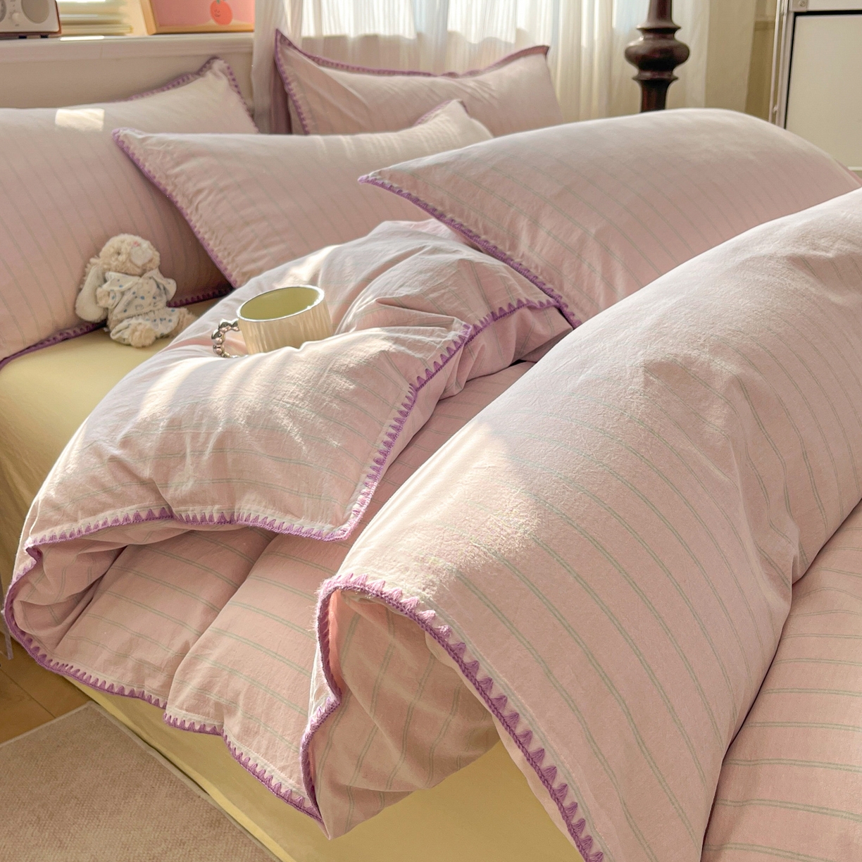 91家纺网 家纺一手货源 找家纺 如一 2026春夏新款色织全棉纯棉加密水洗棉条纹三角针四件套 极光紫