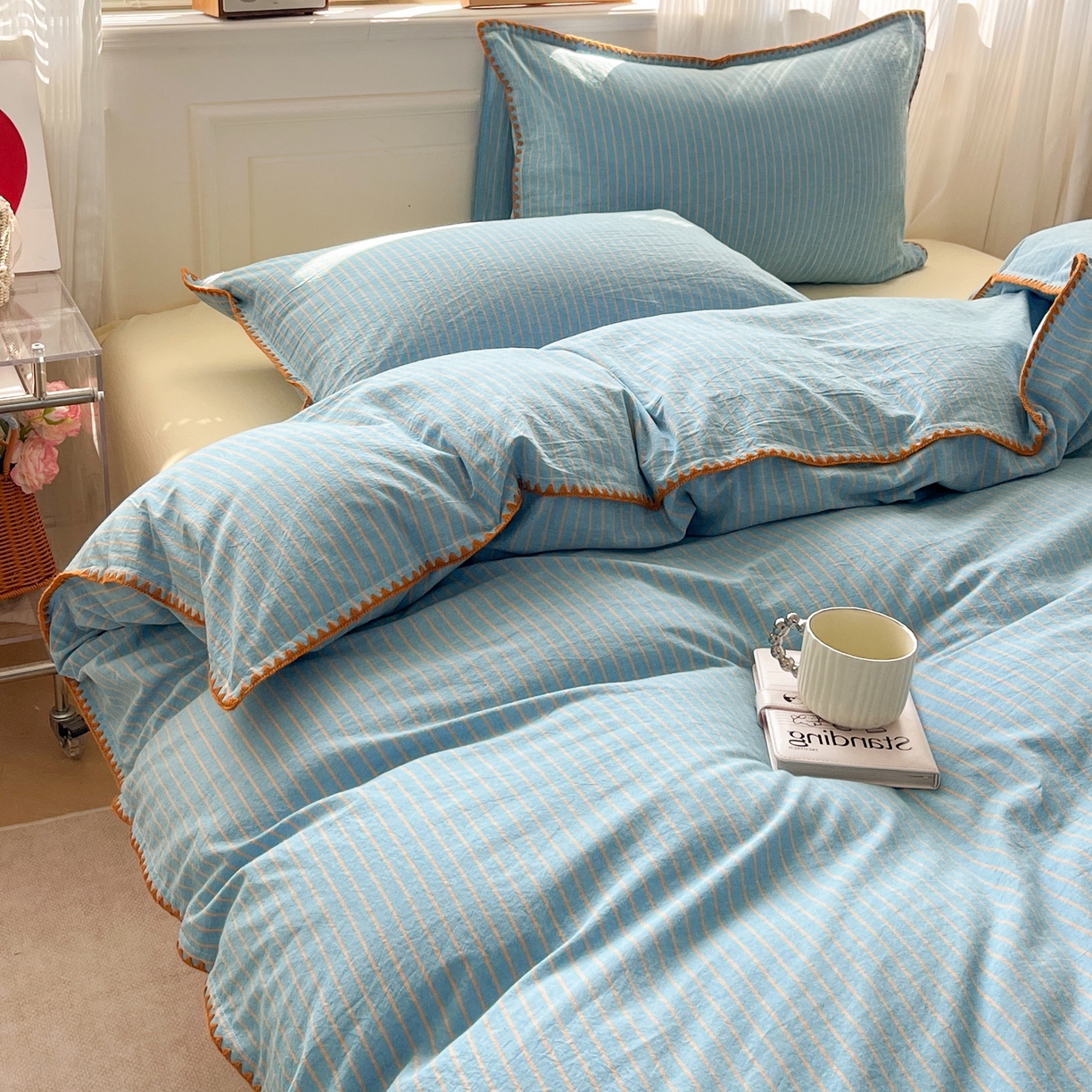 91家纺网 家纺一手货源 找家纺 如一 2026春夏新款色织全棉纯棉加密水洗棉条纹三角针四件套 晴空橙