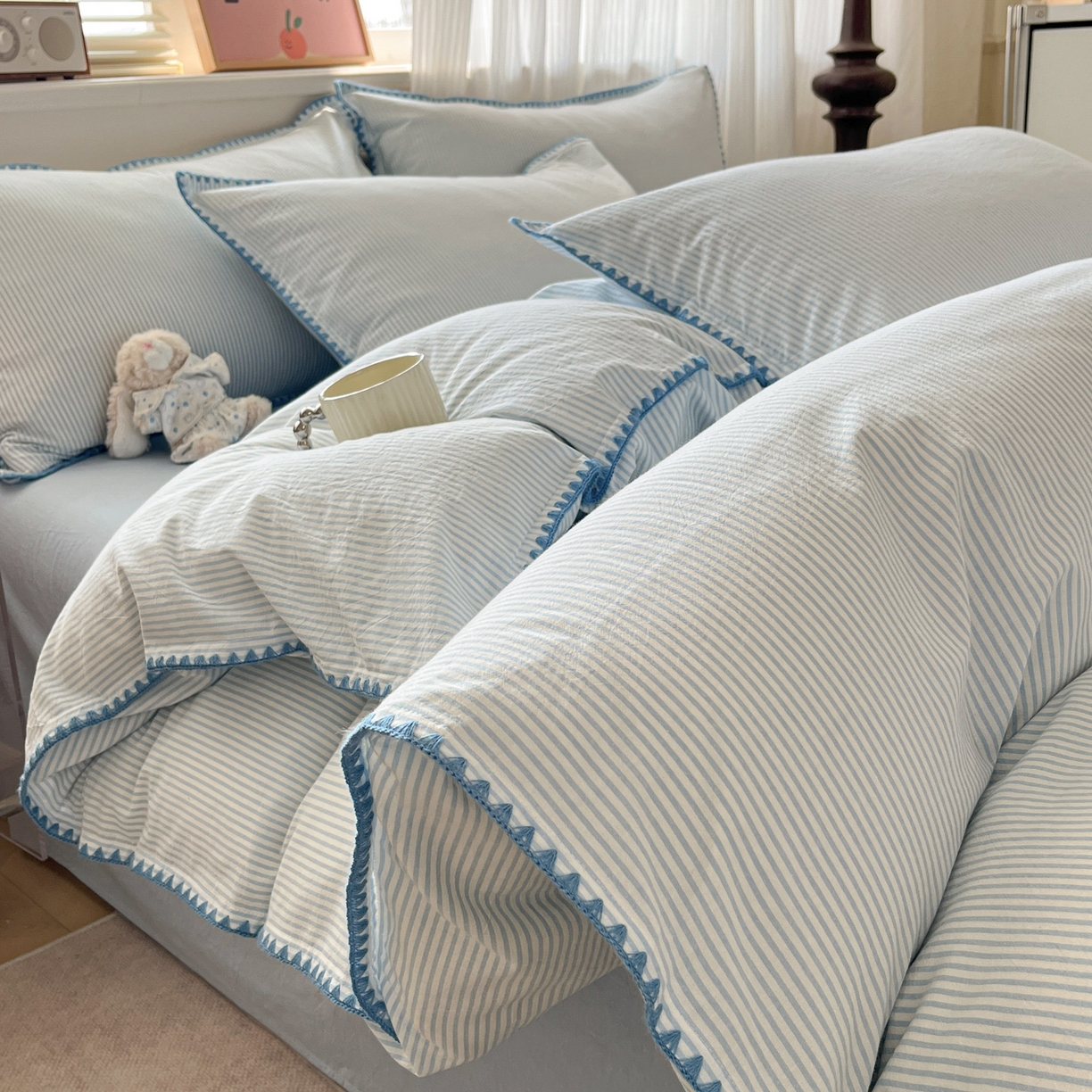 91家纺网 家纺一手货源 找家纺 如一 2026春夏新款色织全棉纯棉加密水洗棉条纹三角针四件套 海岸蓝