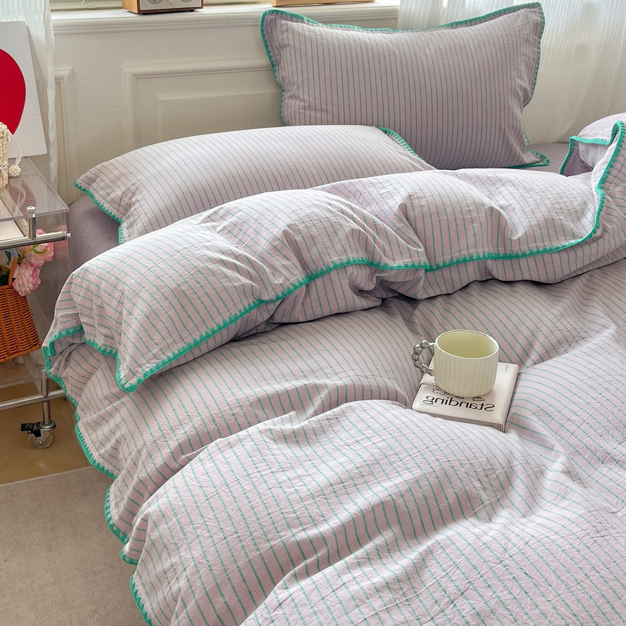 91家纺网 家纺一手货源 找家纺 如一 2026春夏新款色织全棉纯棉加密水洗棉条纹三角针四件套 晴空紫