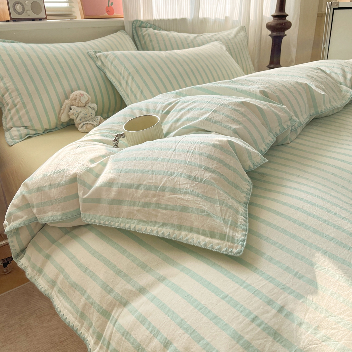 91家纺网 家纺一手货源 找家纺 如一 2026春夏新款色织全棉纯棉加密水洗棉条纹三角针四件套 野原绿