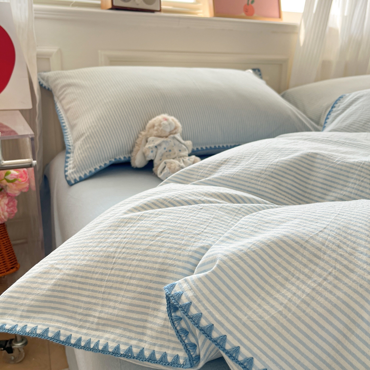 91家纺网 家纺一手货源 找家纺 如一 2026春夏新款色织全棉纯棉加密水洗棉条纹三角针四件套 海岸蓝