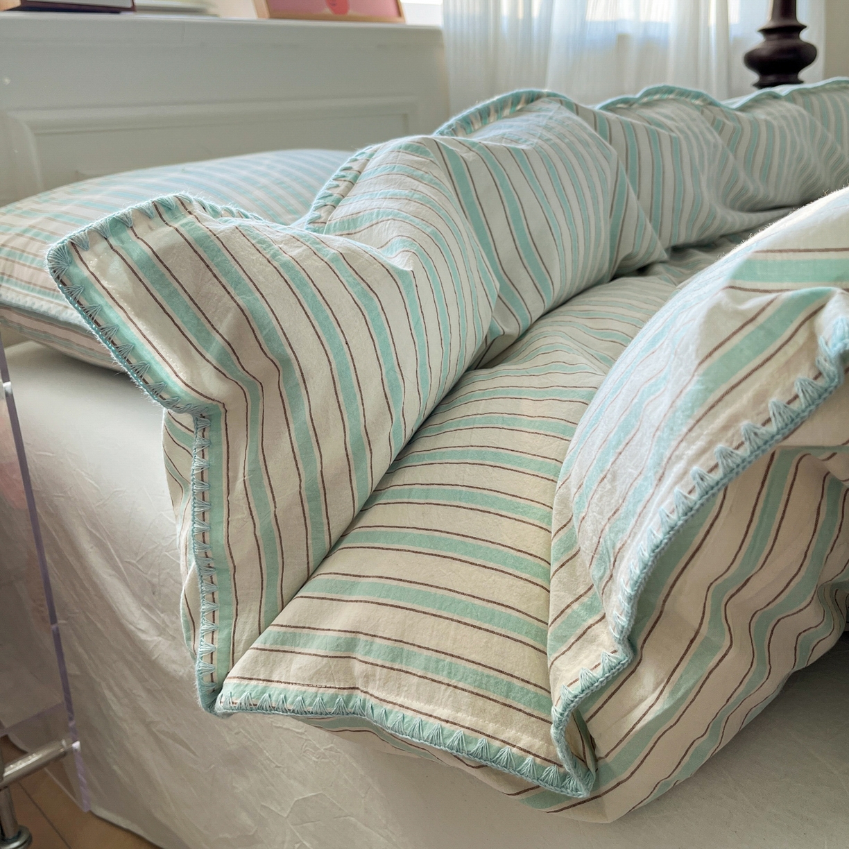 91家纺网 家纺一手货源 找家纺 如一 2026春夏新款色织全棉纯棉加密水洗棉条纹三角针四件套 晨光绿