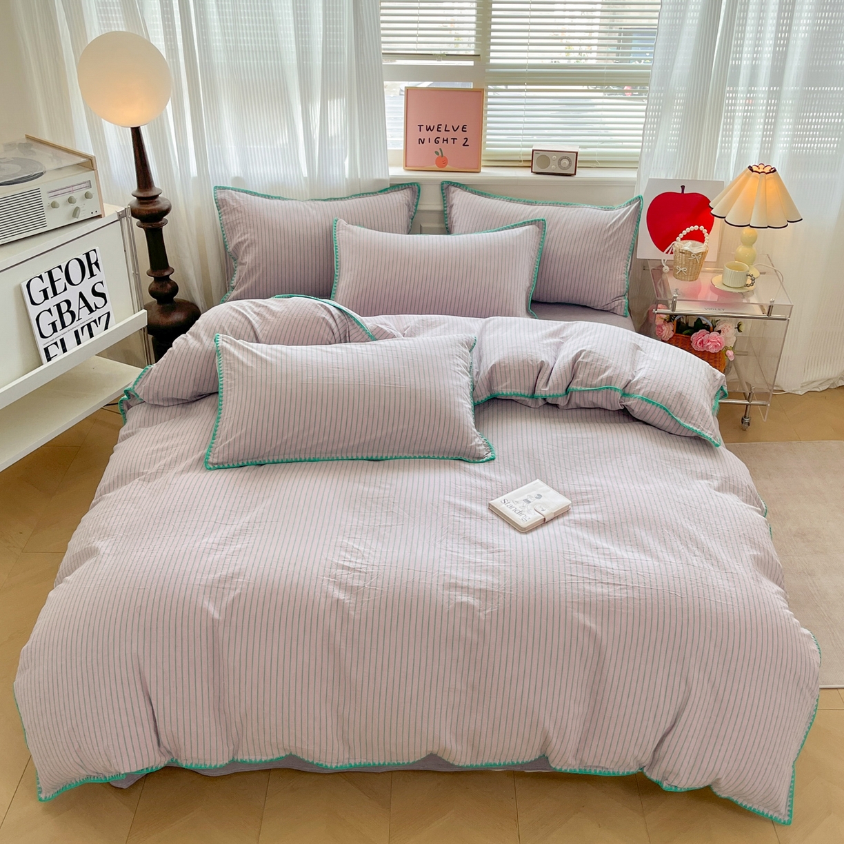 91家纺网 家纺一手货源 找家纺 如一 2026春夏新款色织全棉纯棉加密水洗棉条纹三角针四件套 晴空紫