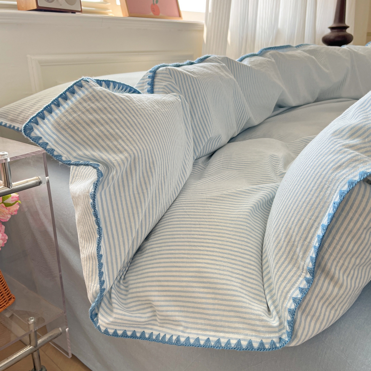 91家纺网 家纺一手货源 找家纺 如一 2026春夏新款色织全棉纯棉加密水洗棉条纹三角针四件套 海岸蓝