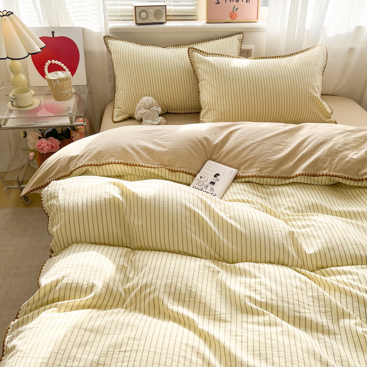 91家纺网 家纺一手货源 找家纺 如一 2026春夏新款色织全棉纯棉加密水洗棉条纹三角针四件套 晴空黄