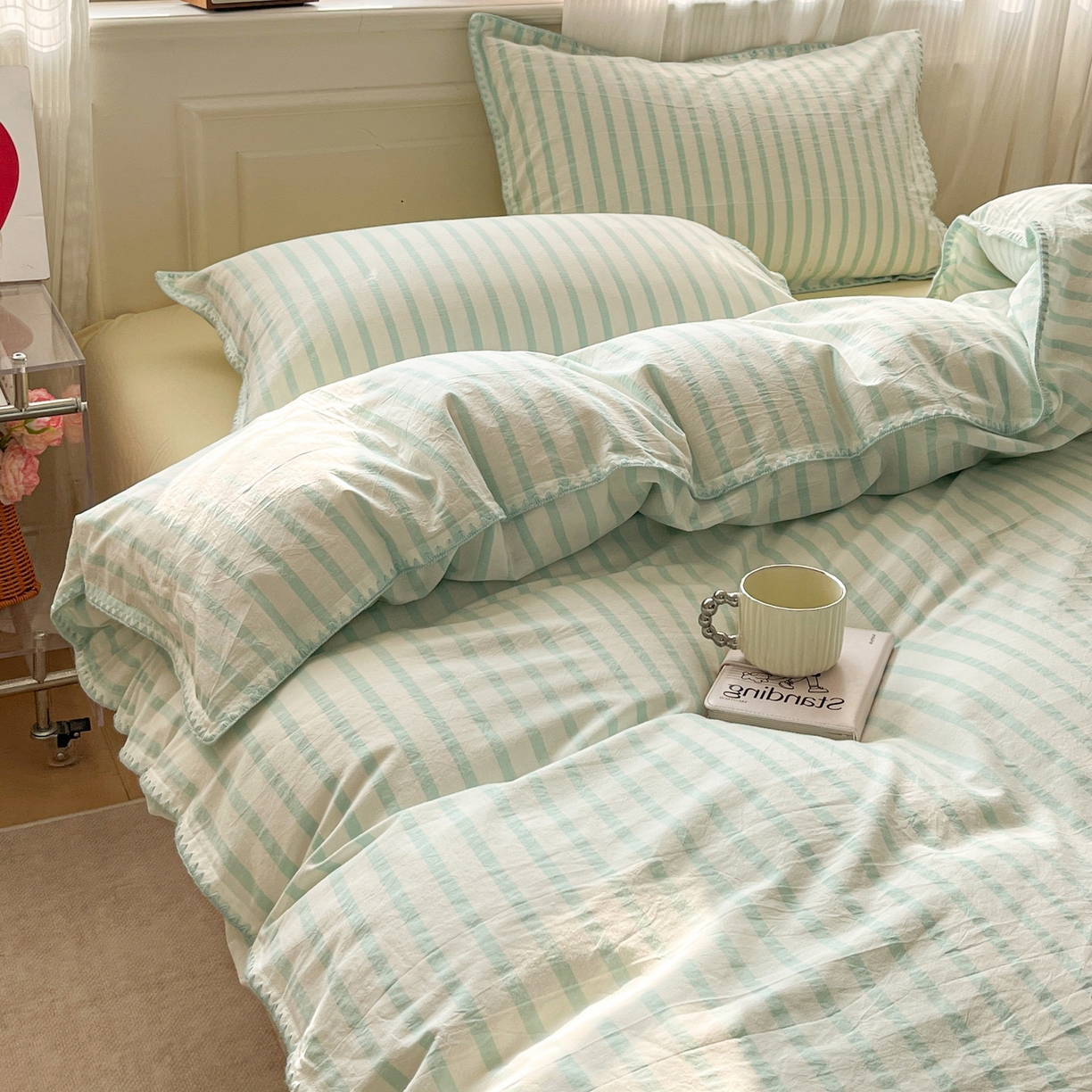 91家纺网 家纺一手货源 找家纺 如一 2026春夏新款色织全棉纯棉加密水洗棉条纹三角针四件套 野原绿