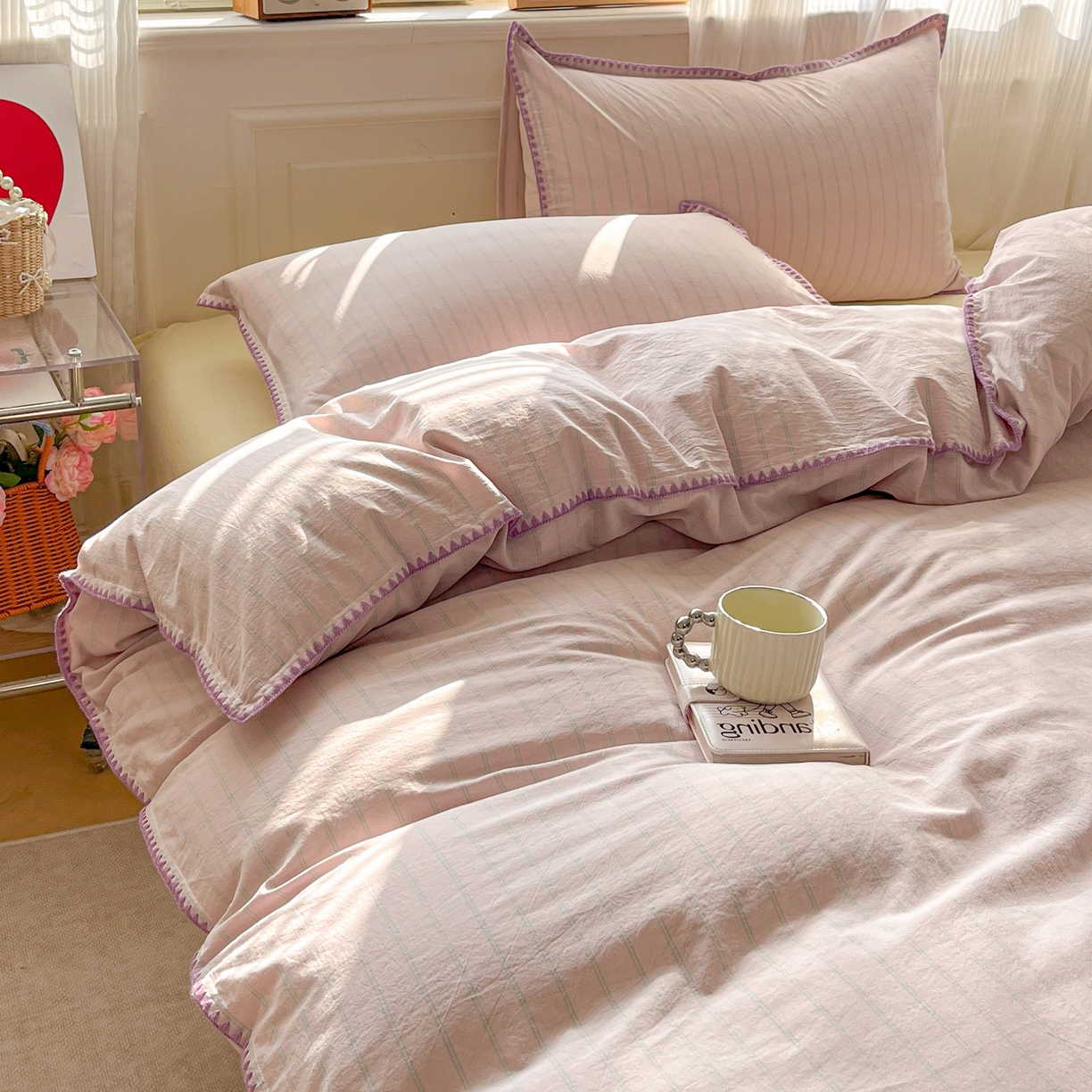 91家纺网 家纺一手货源 找家纺 如一 2026春夏新款色织全棉纯棉加密水洗棉条纹三角针四件套 极光紫