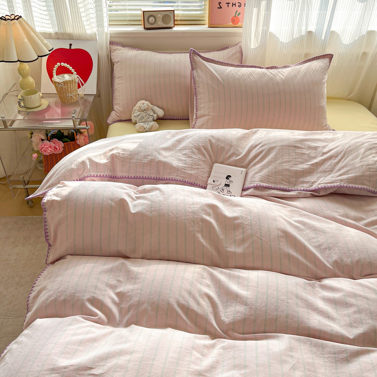 91家纺网 家纺一手货源 找家纺 如一 2026春夏新款色织全棉纯棉加密水洗棉条纹三角针四件套 极光紫