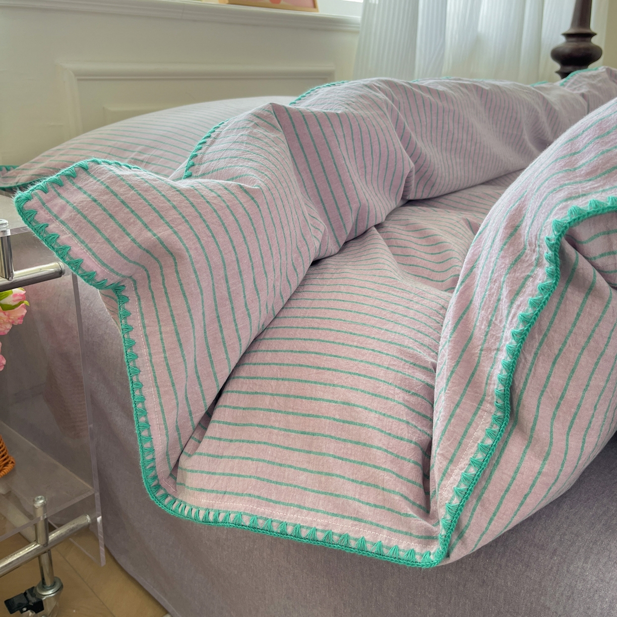 91家纺网 家纺一手货源 找家纺 如一 2026春夏新款色织全棉纯棉加密水洗棉条纹三角针四件套 晴空紫