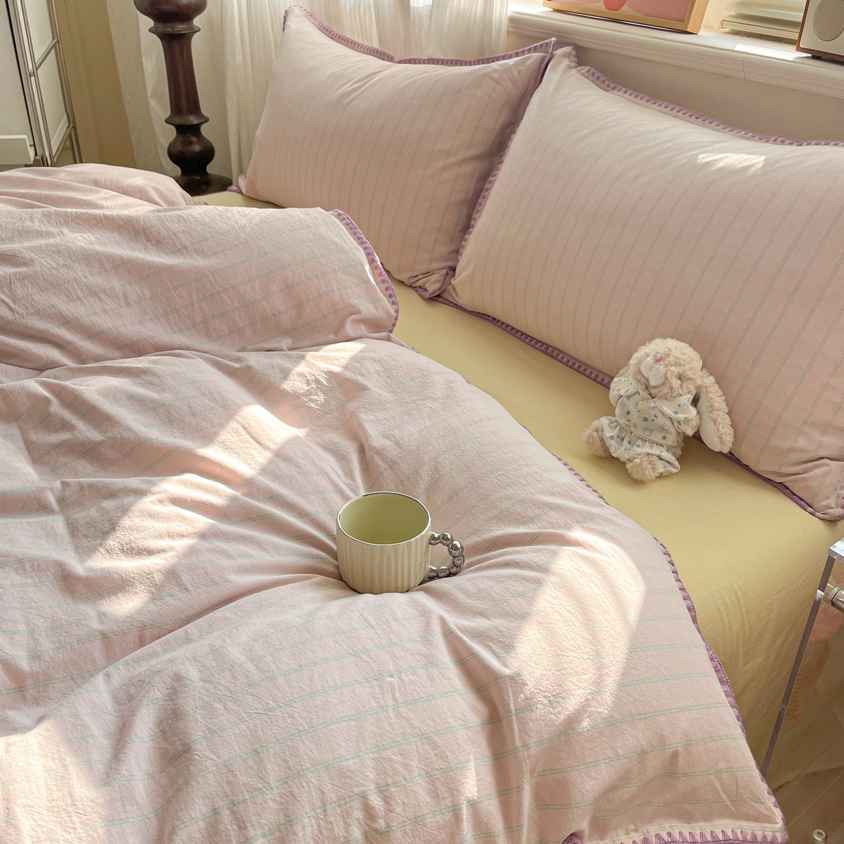 91家纺网 家纺一手货源 找家纺 如一 2026春夏新款色织全棉纯棉加密水洗棉条纹三角针四件套 极光紫