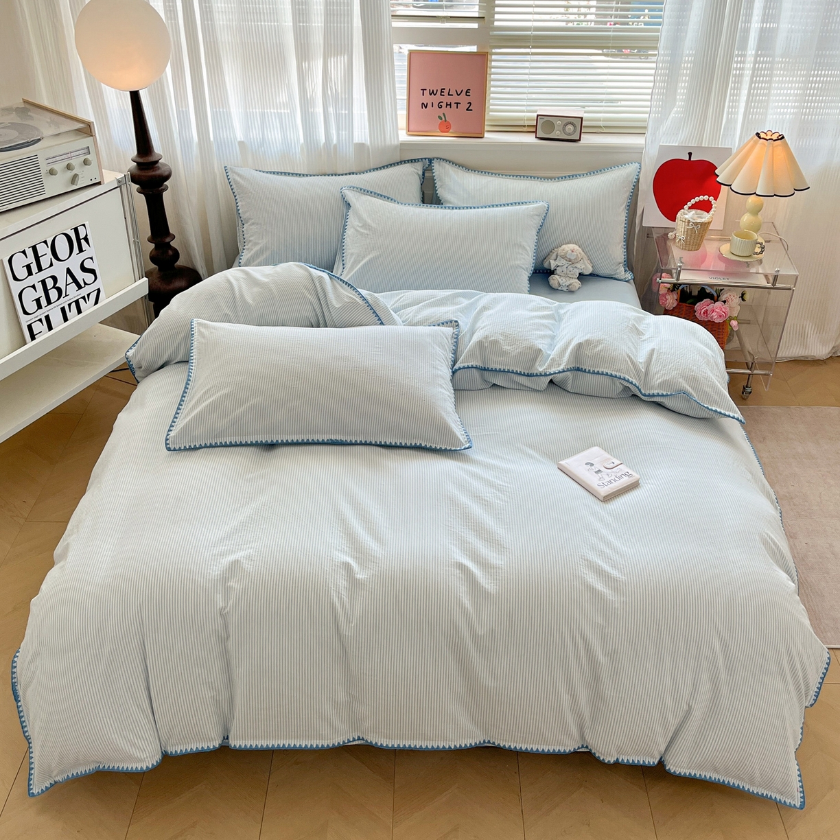 91家纺网 家纺一手货源 找家纺 如一 2026春夏新款色织全棉纯棉加密水洗棉条纹三角针四件套 海岸蓝