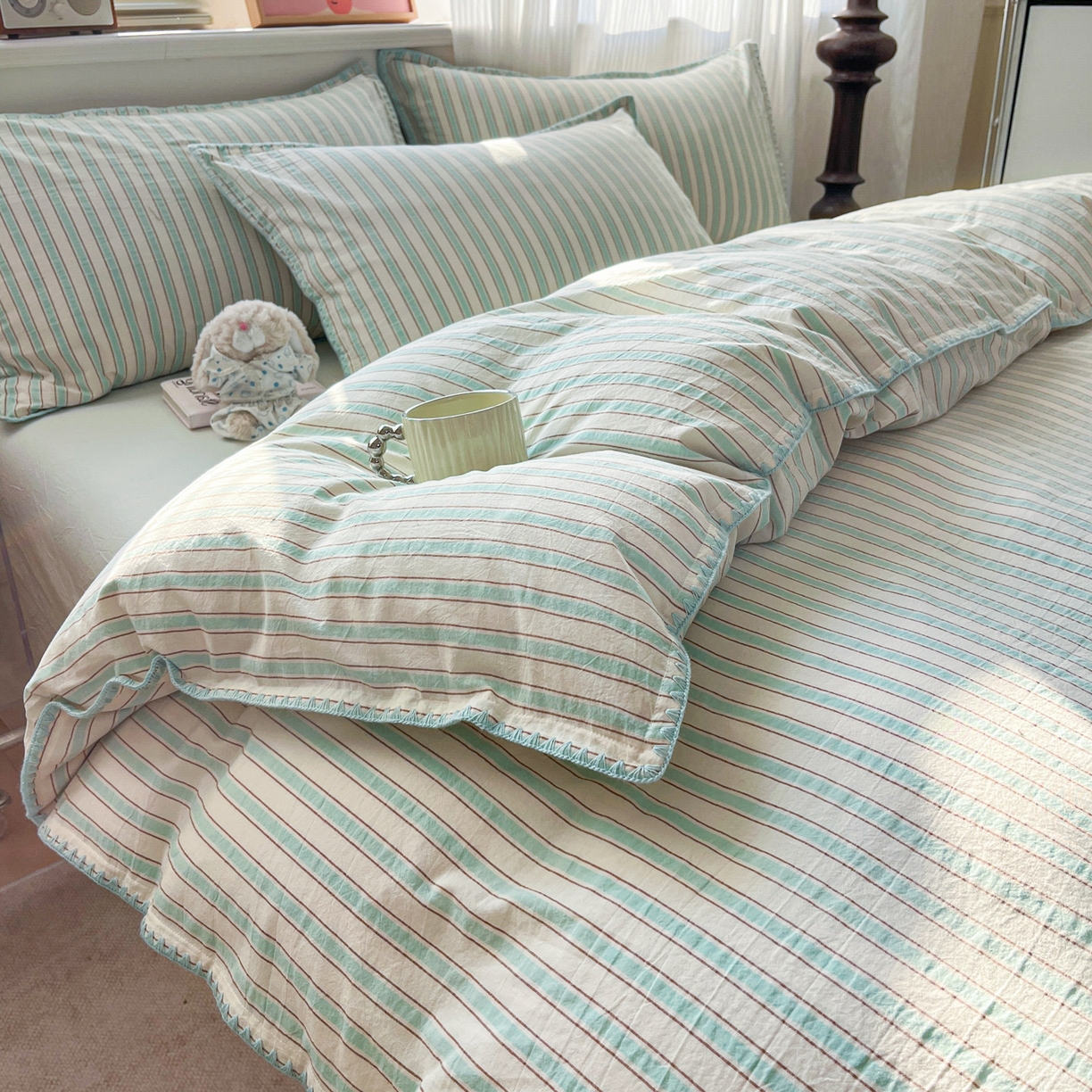 91家纺网 家纺一手货源 找家纺 如一 2026春夏新款色织全棉纯棉加密水洗棉条纹三角针四件套 晨光绿