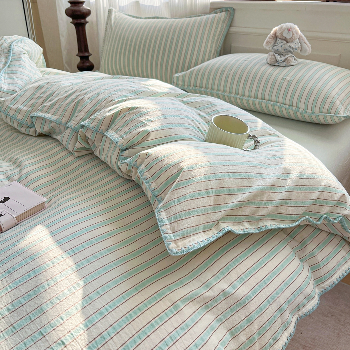 91家纺网 家纺一手货源 找家纺 如一 2026春夏新款色织全棉纯棉加密水洗棉条纹三角针四件套 晨光绿