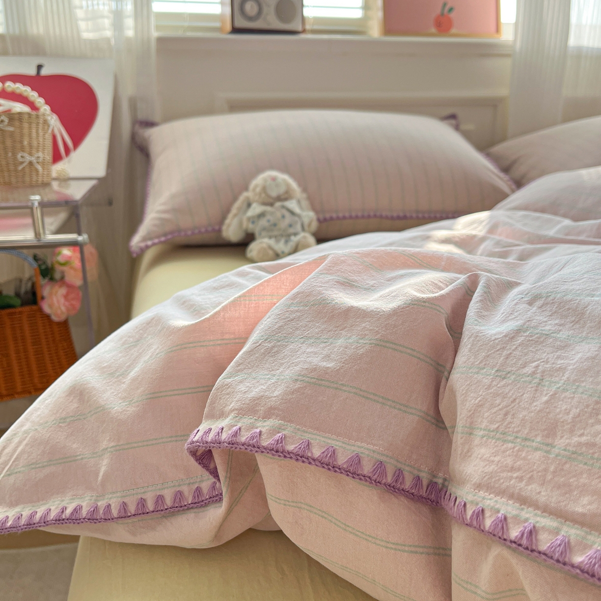 91家纺网 家纺一手货源 找家纺 如一 2026春夏新款色织全棉纯棉加密水洗棉条纹三角针四件套 极光紫