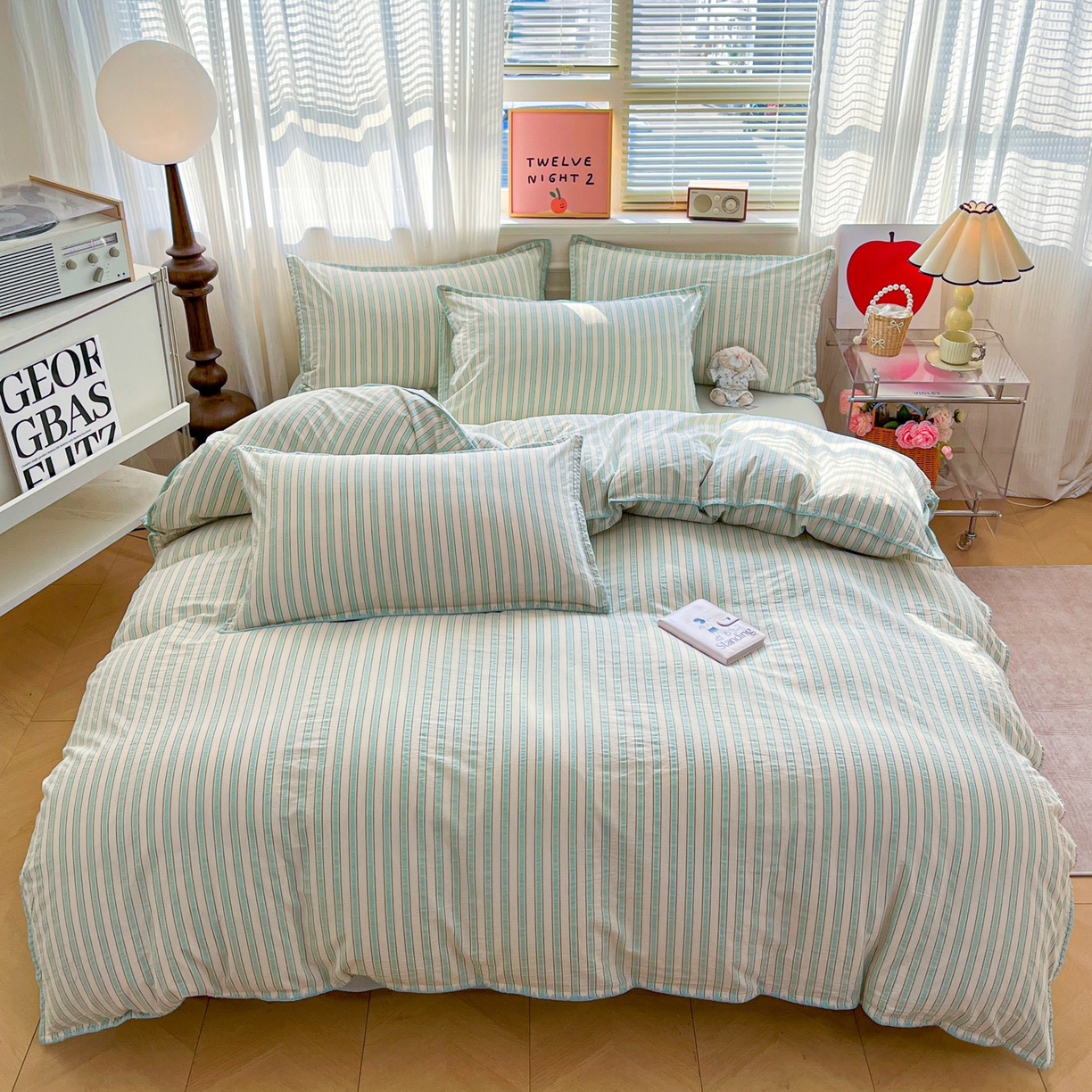 91家纺网 家纺一手货源 找家纺 如一 2026春夏新款色织全棉纯棉加密水洗棉条纹三角针四件套 晨光绿