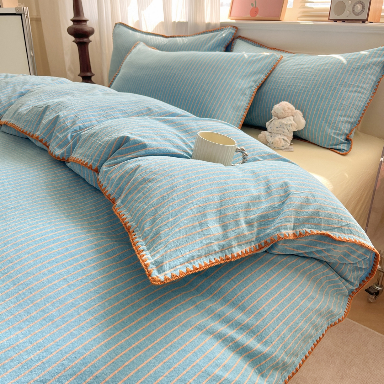 91家纺网 家纺一手货源 找家纺 如一 2026春夏新款色织全棉纯棉加密水洗棉条纹三角针四件套 晴空橙