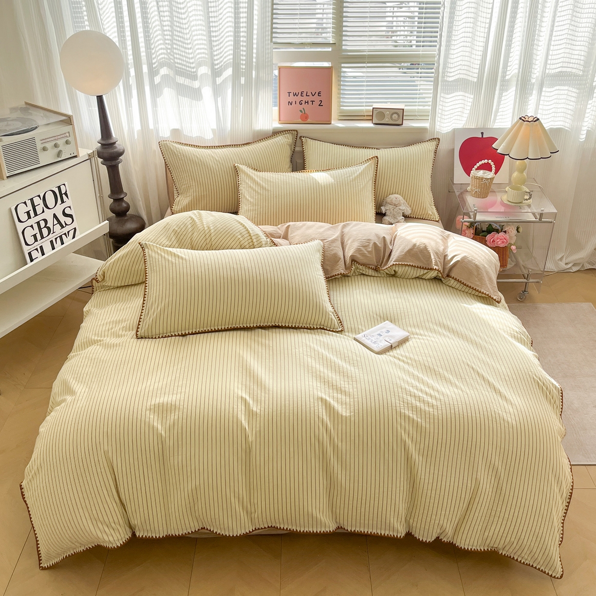 91家纺网 家纺一手货源 找家纺 如一 2026春夏新款色织全棉纯棉加密水洗棉条纹三角针四件套 晴空黄