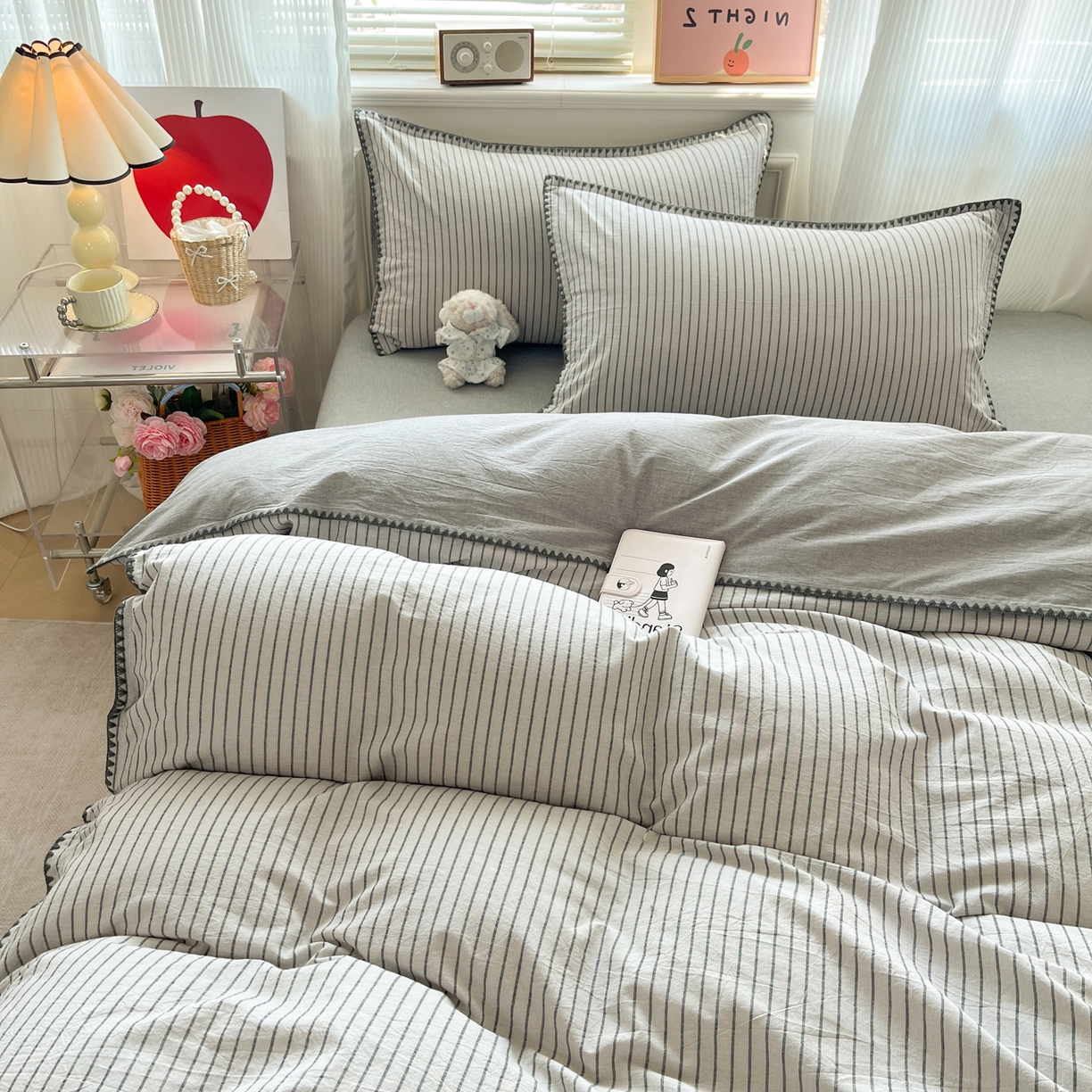 91家纺网 家纺一手货源 找家纺 如一 2026春夏新款色织全棉纯棉加密水洗棉条纹三角针四件套 晴空灰