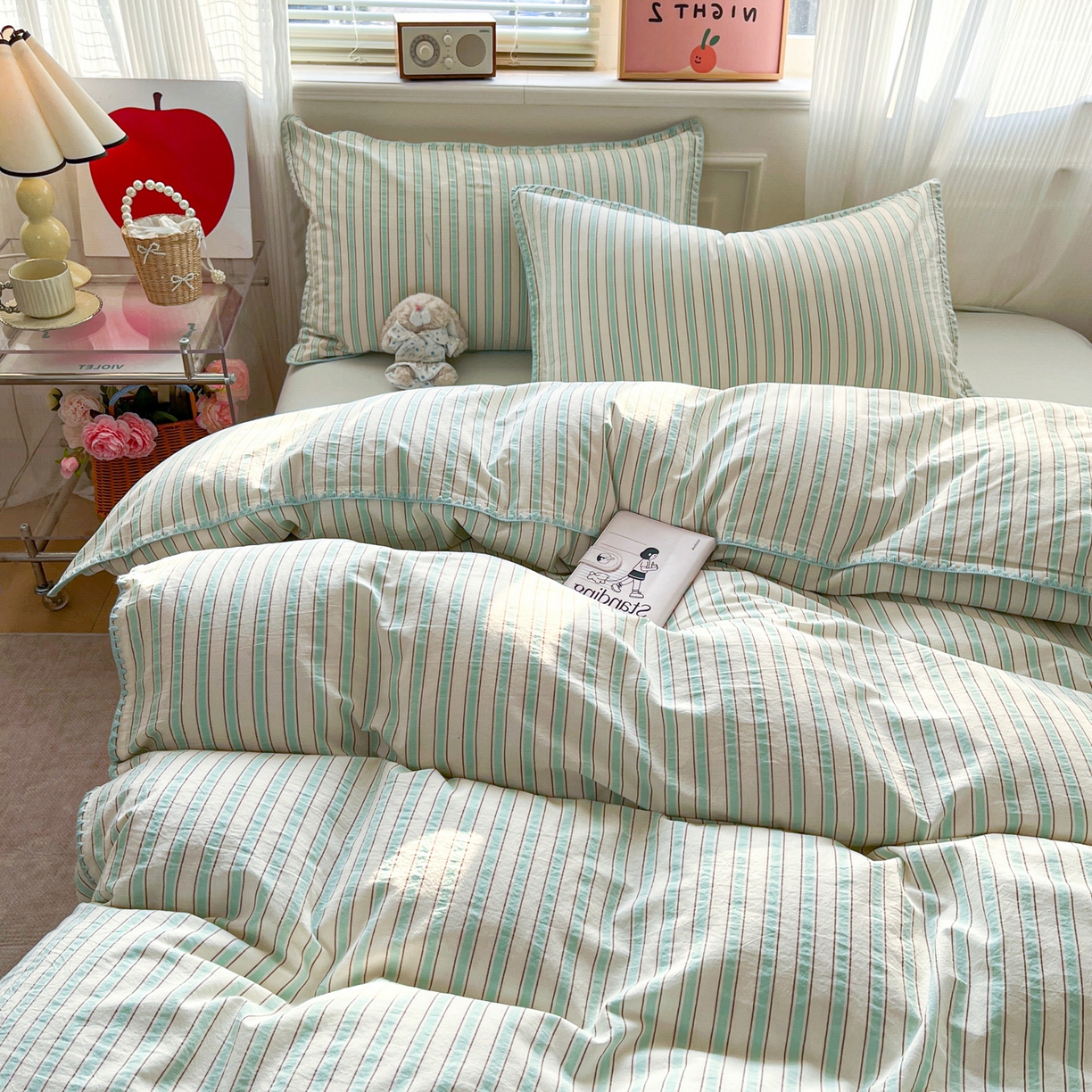 91家纺网 家纺一手货源 找家纺 如一 2026春夏新款色织全棉纯棉加密水洗棉条纹三角针四件套 晨光绿