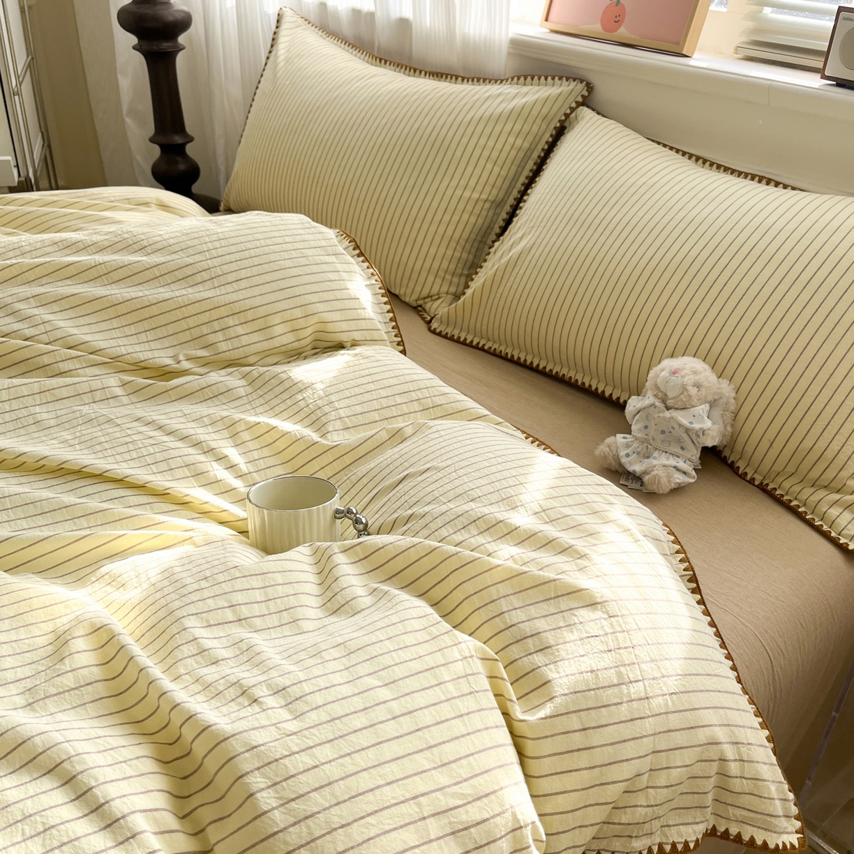 91家纺网 家纺一手货源 找家纺 如一 2026春夏新款色织全棉纯棉加密水洗棉条纹三角针四件套 晴空黄