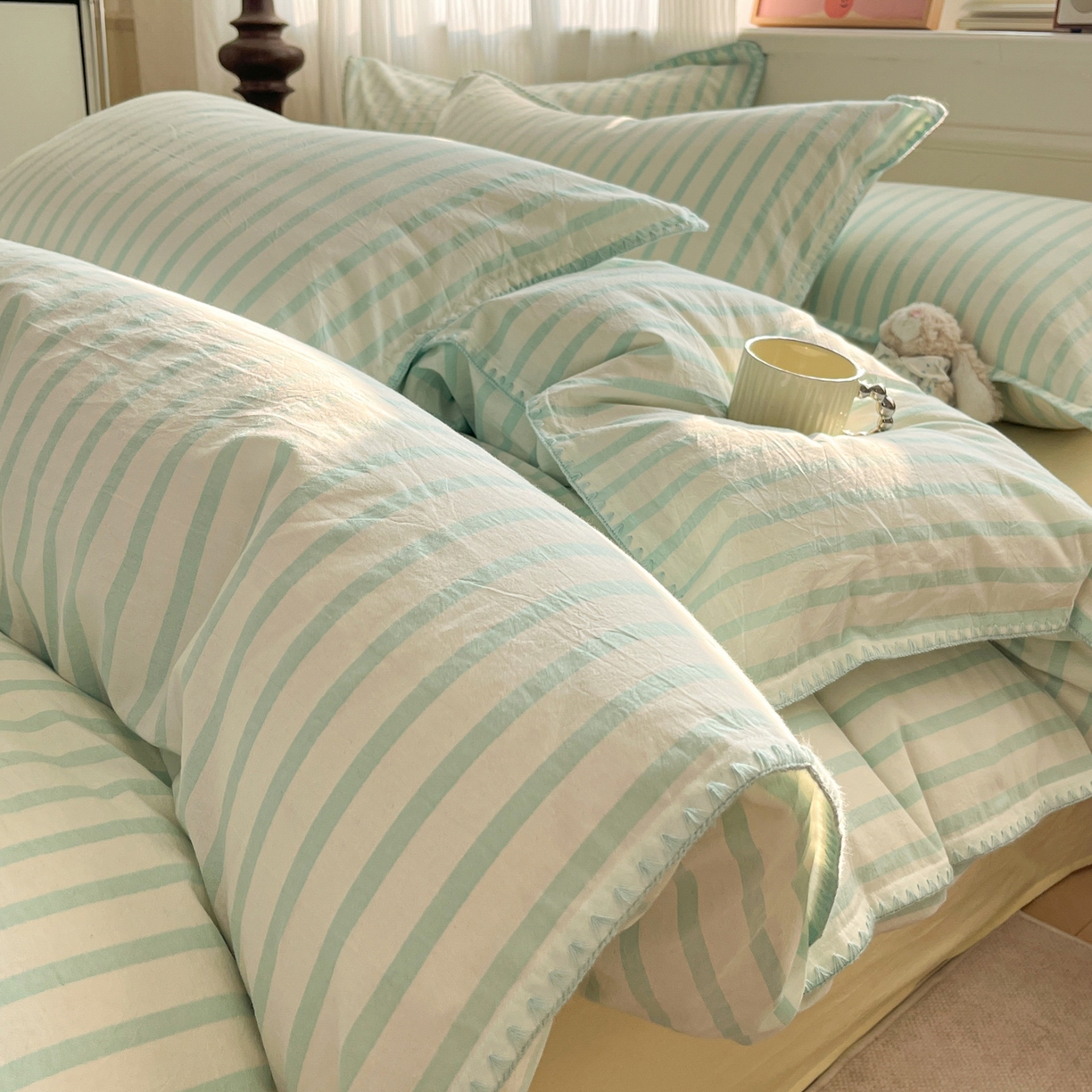 如一 2026春夏新款色织全棉纯棉加密水洗棉条纹三角针四件套 野原绿