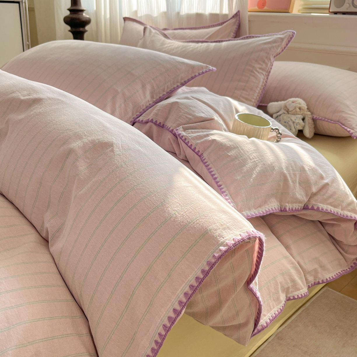 91家纺网 家纺一手货源 找家纺 （总）如一 2026春夏新款色织全棉纯棉加密水洗棉条纹三角针四件套