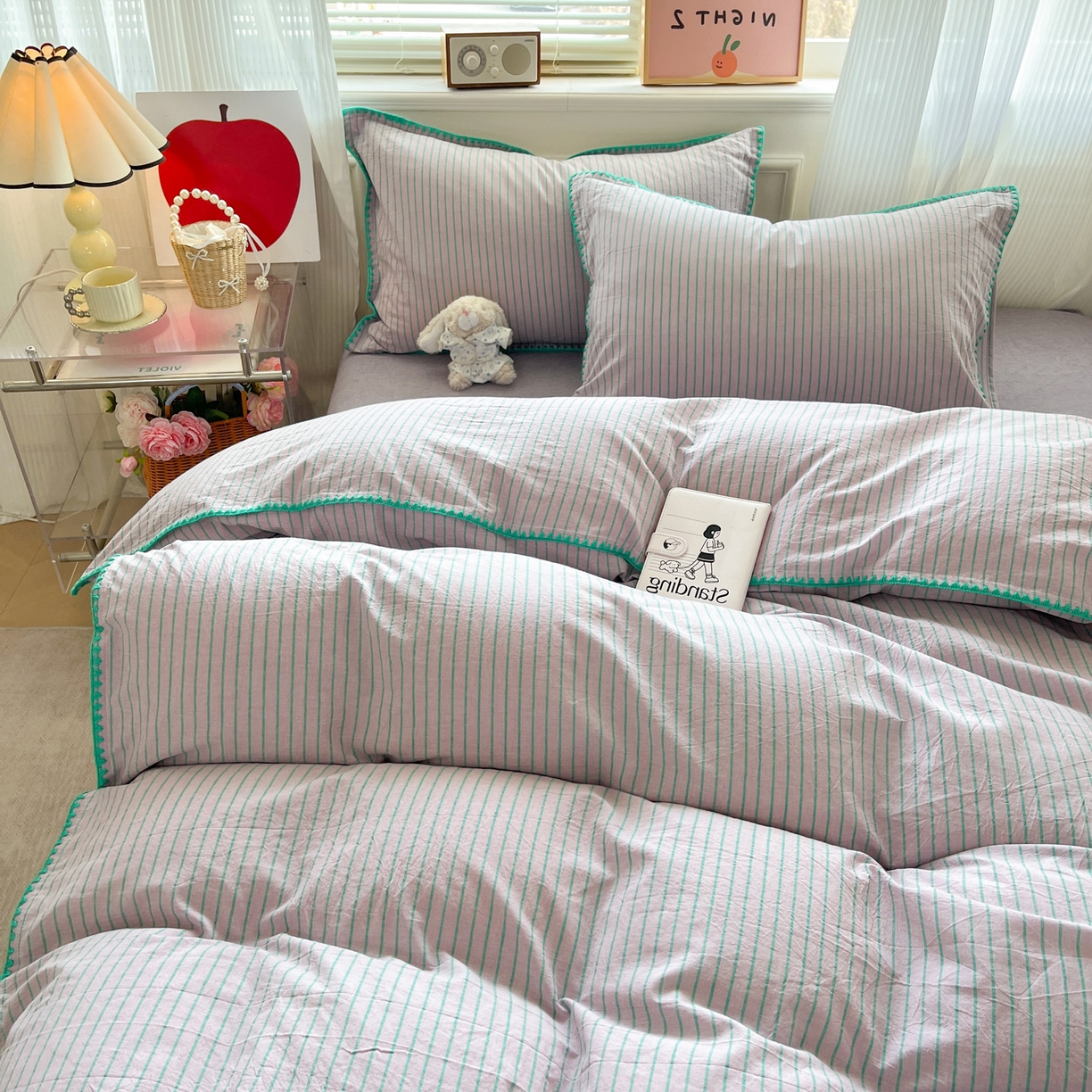 91家纺网 家纺一手货源 找家纺 如一 2026春夏新款色织全棉纯棉加密水洗棉条纹三角针四件套 晴空紫