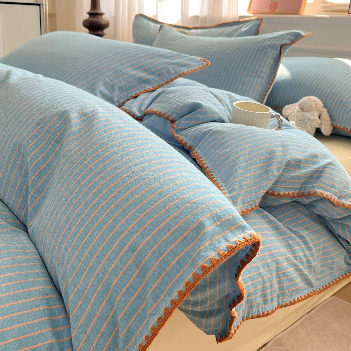 91家纺网 家纺一手货源 找家纺 如一 2026春夏新款色织全棉纯棉加密水洗棉条纹三角针四件套 晴空橙