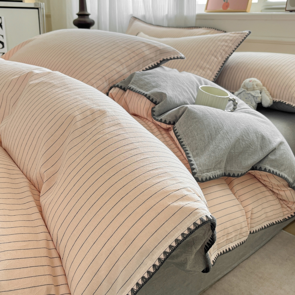 91家纺网 家纺一手货源 找家纺 （总）如一 2026春夏新款色织全棉纯棉加密水洗棉条纹三角针四件套